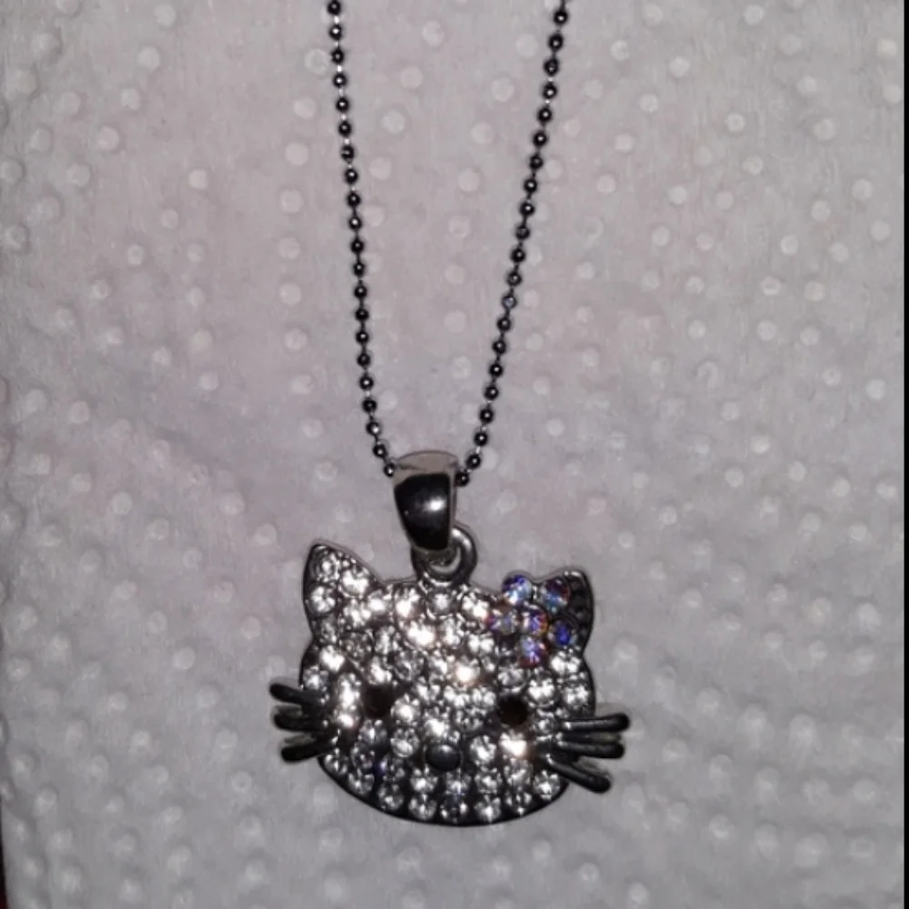 Hello Kitty Crystal Charm Necklace silver plate over stainless 16-18